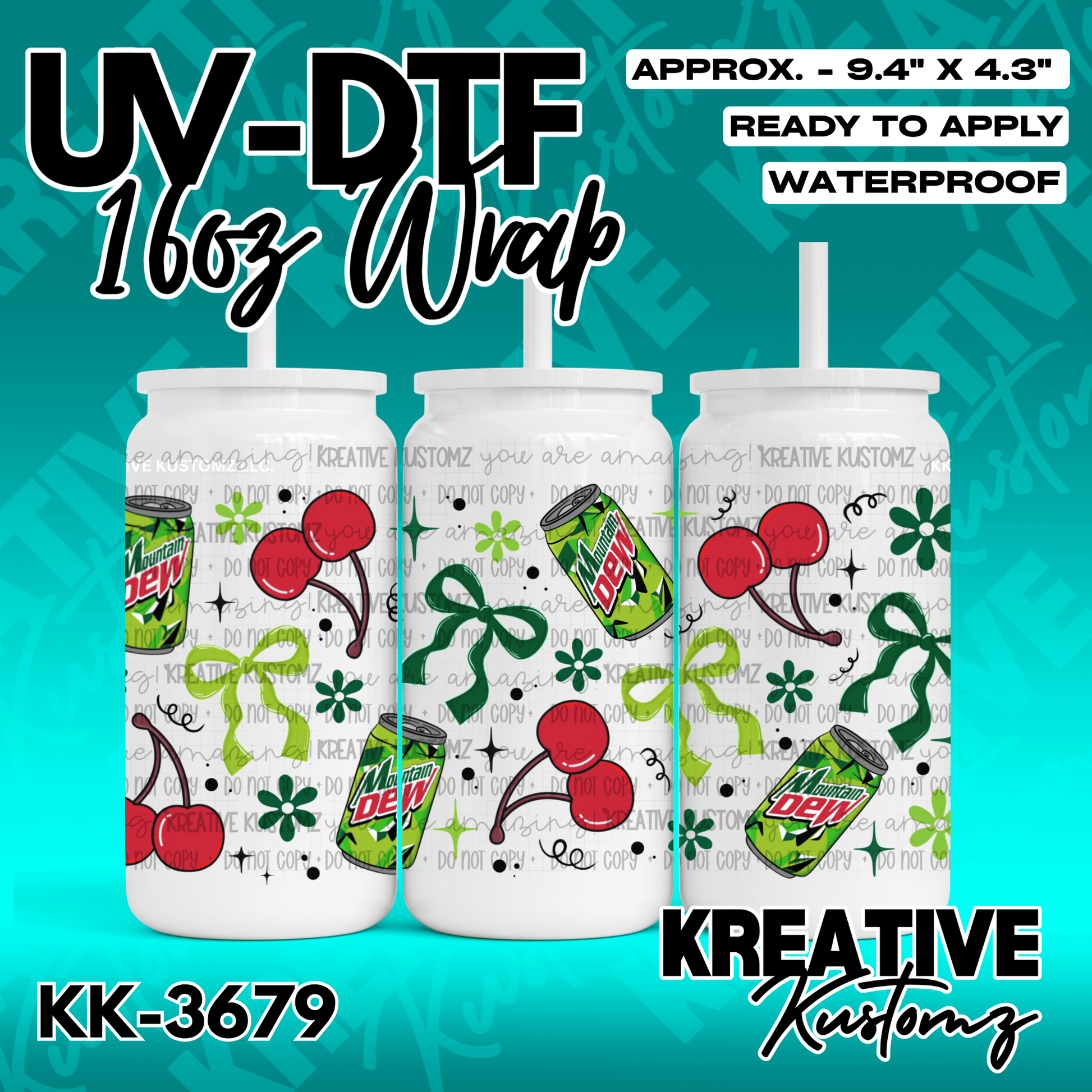 A UV DTF cup wrap featuring Mountain Dew cans, cherries, and green bows on a white background.