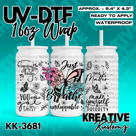 A floral butterfly UV DTF wrap for a 16oz glass can with inspirational text.