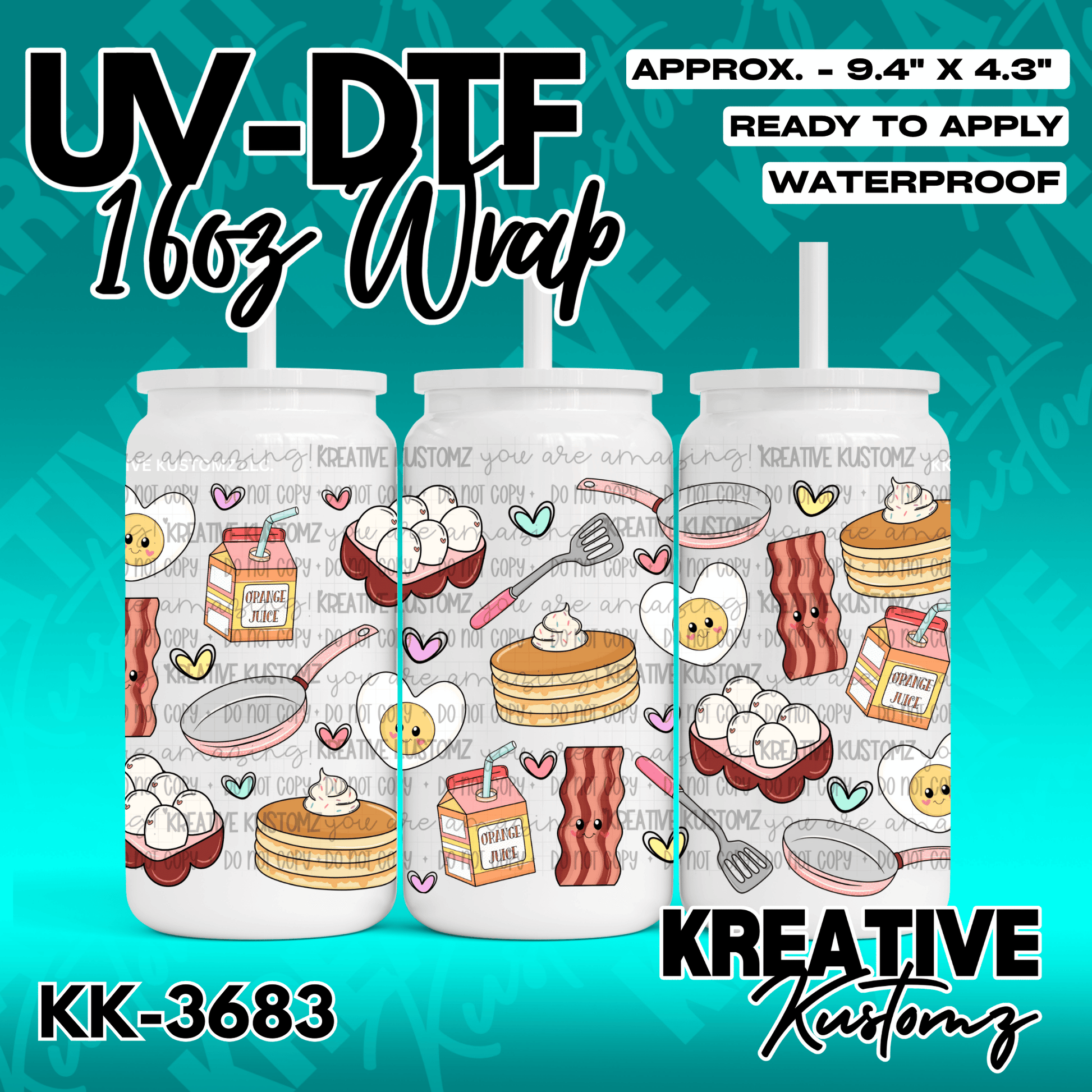 A breakfast themed adhesive cup wrap featuring pancakes, bacon, eggs, and juice cartons.