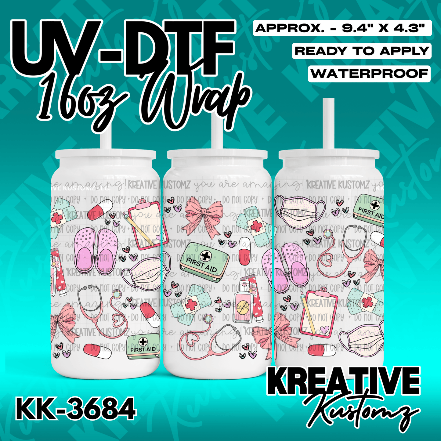 A medical-themed UV DTF adhesive wrap for a 16oz glass cup featuring hearts and healthcare icons.