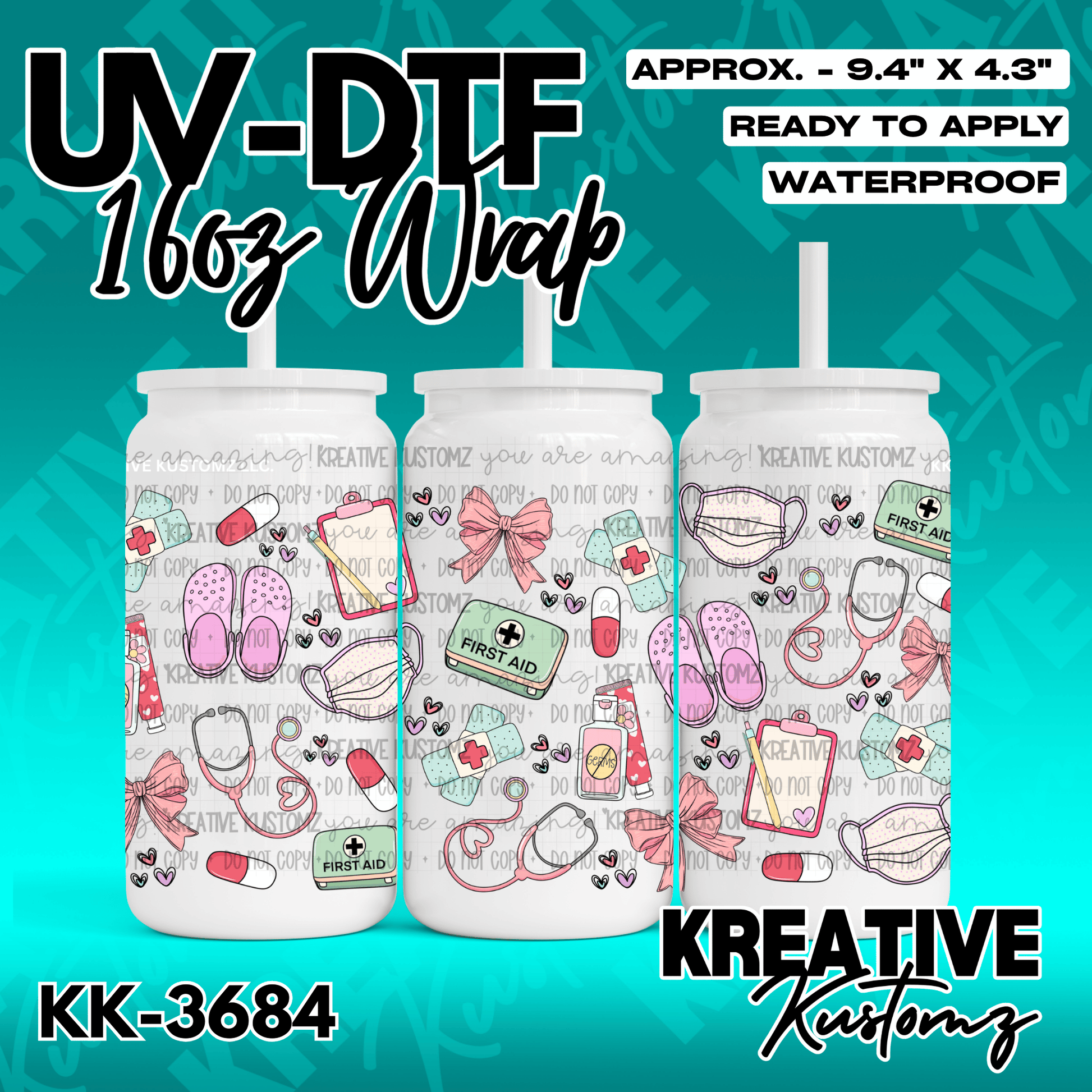 A medical-themed UV DTF adhesive wrap for a 16oz glass cup featuring hearts and healthcare icons.