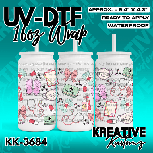 A medical-themed UV DTF adhesive wrap for a 16oz glass cup featuring hearts and healthcare icons.
