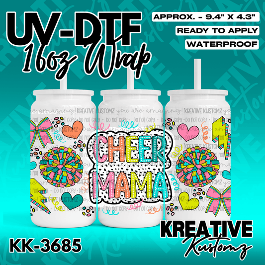 A colorful Cheer Mama UV DTF adhesive wrap for a 16oz glass cup featuring pom-poms and bows.