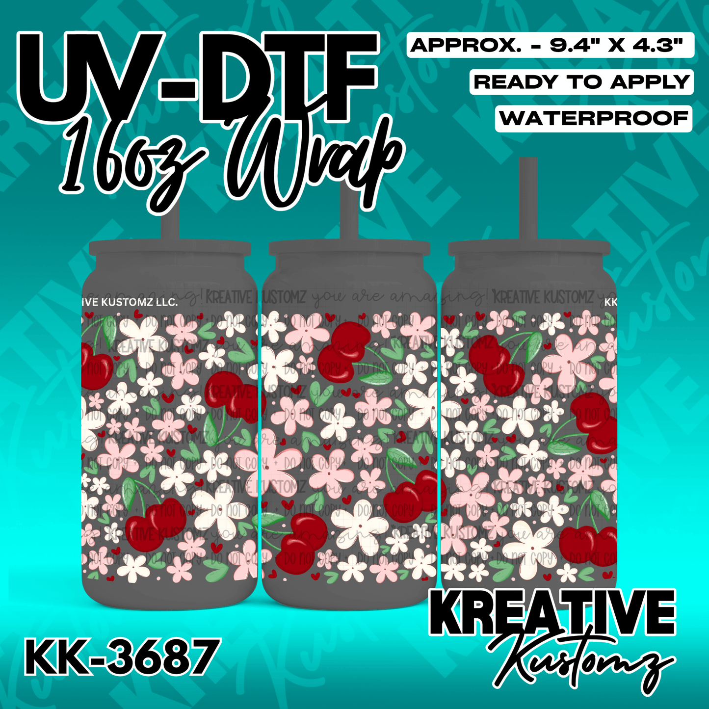 A UV DTF adhesive wrap for 16oz glass cans featuring a pattern of red cherries and white flowers.
