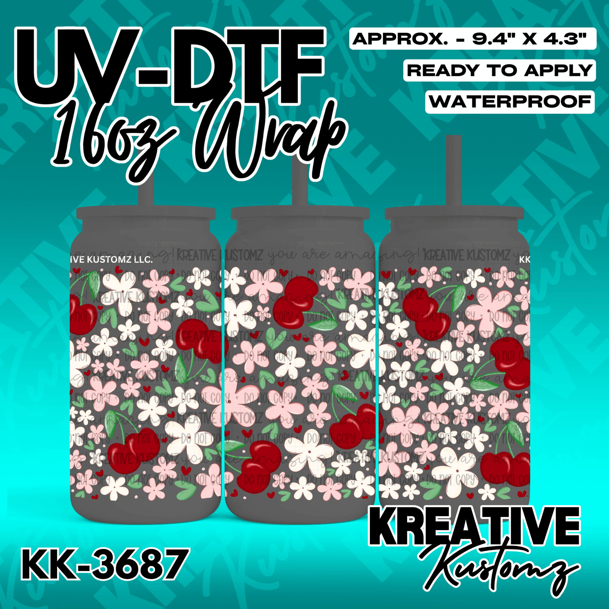 A UV DTF adhesive wrap for 16oz glass cans featuring a pattern of red cherries and white flowers.