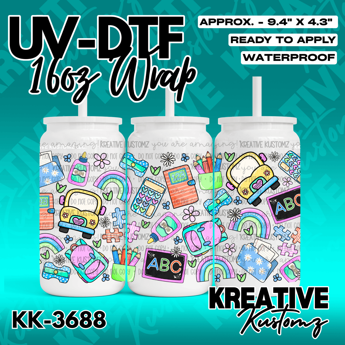 A school-themed adhesive cup wrap featuring colorful illustrations of supplies on a clear sheet.