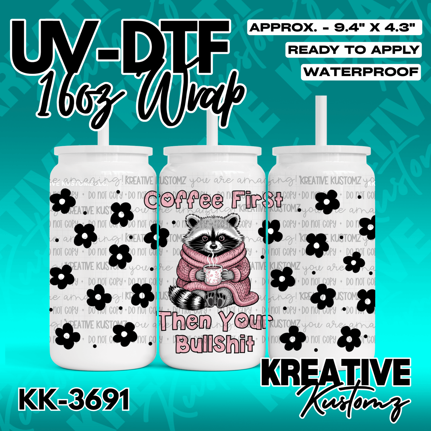A UV DTF adhesive wrap for a 16oz glass can featuring a raccoon in a pink sweater and floral art.