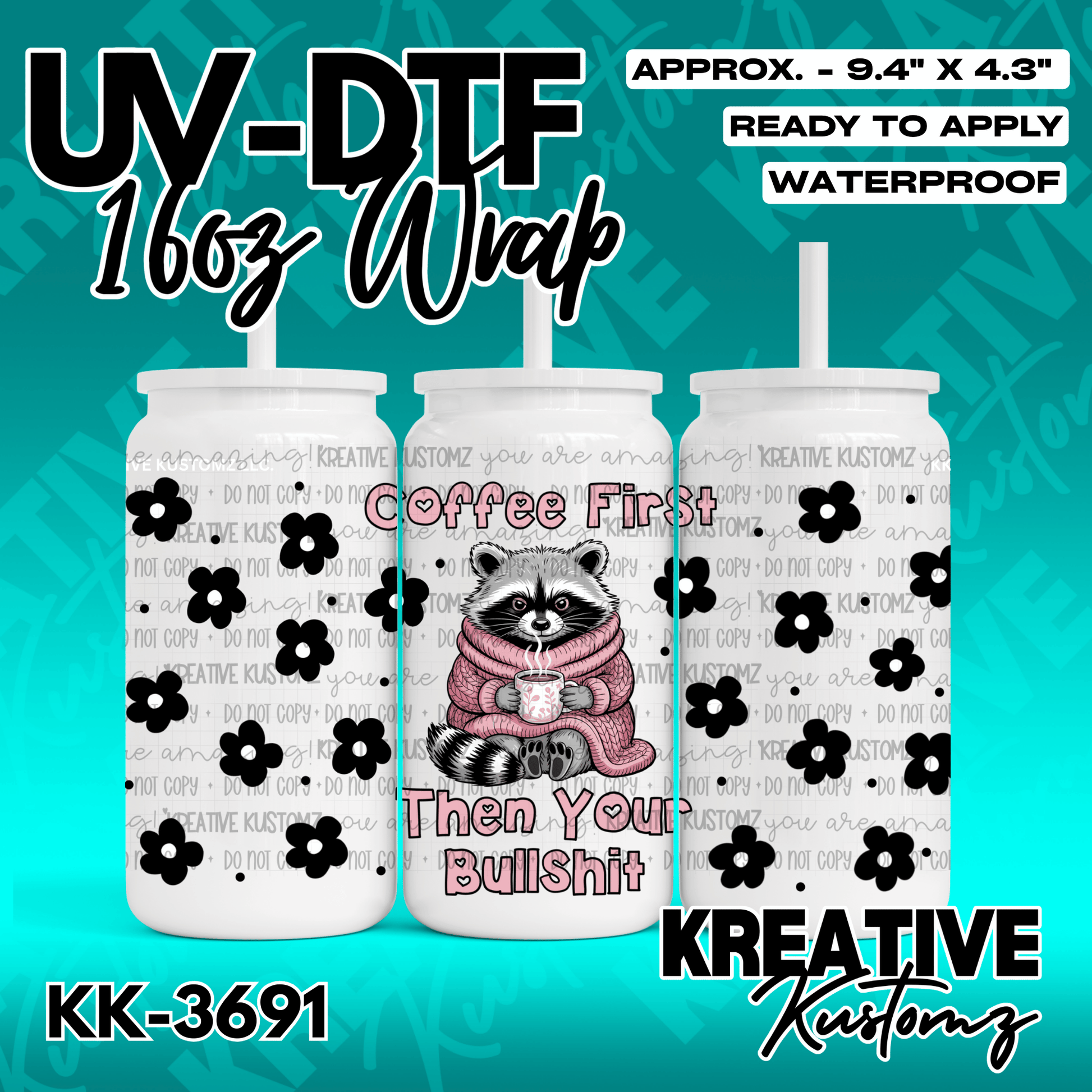 A UV DTF adhesive wrap for a 16oz glass can featuring a raccoon in a pink sweater and floral art.