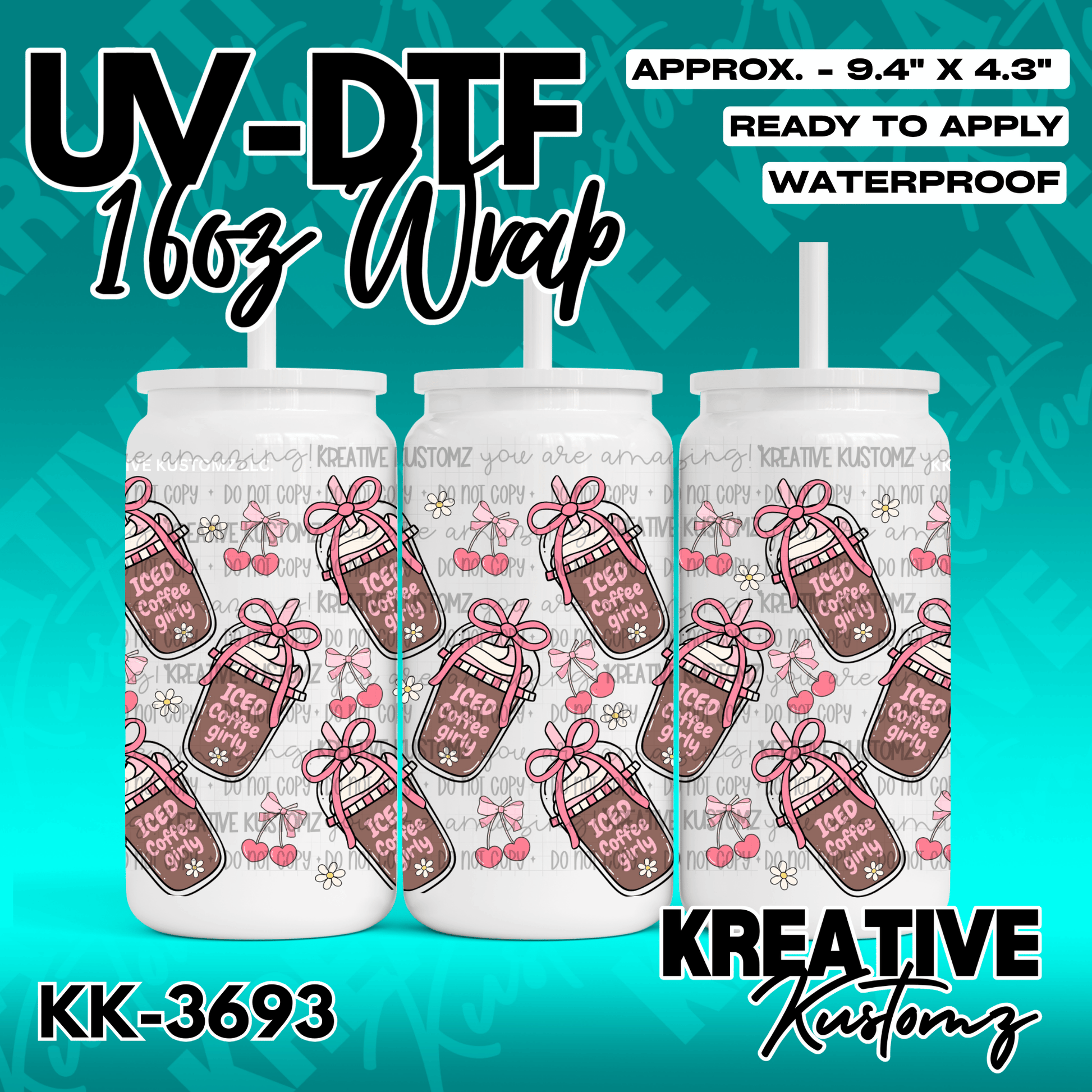 A UV DTF adhesive wrap for 16oz glass cans featuring a pink iced coffee and cherry pattern.
