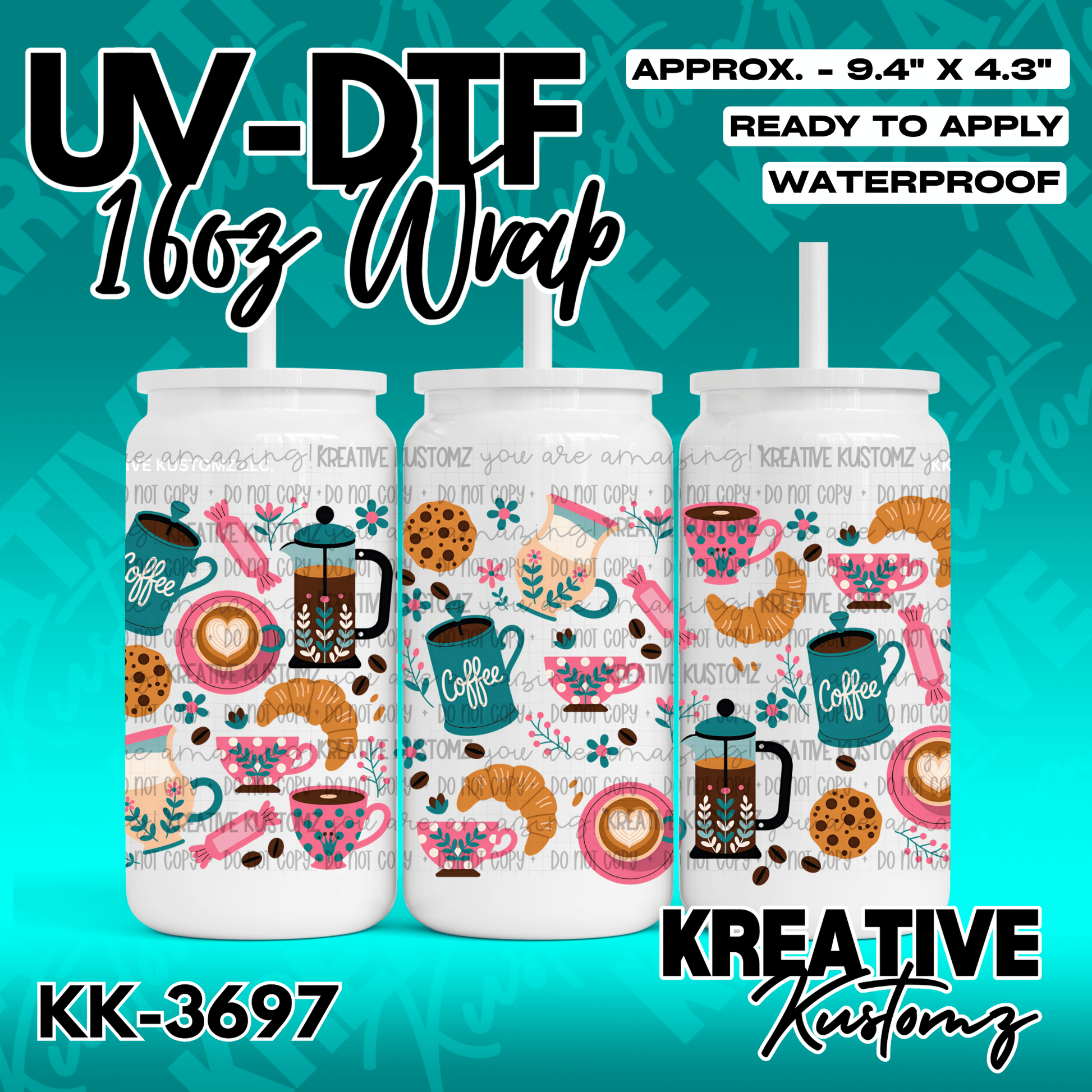 A coffee-themed UV DTF adhesive wrap for 16oz glass cans featuring colorful mugs and pastries.