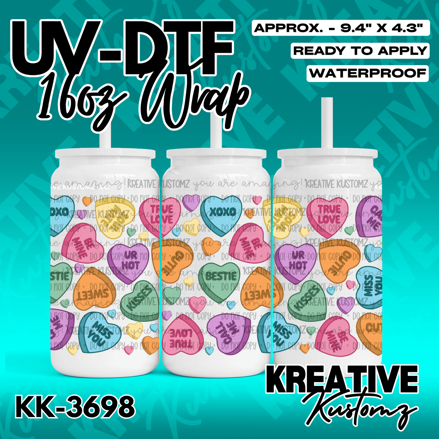 A UV DTF cup wrap featuring a pattern of colorful conversation hearts on a 16oz glass can.