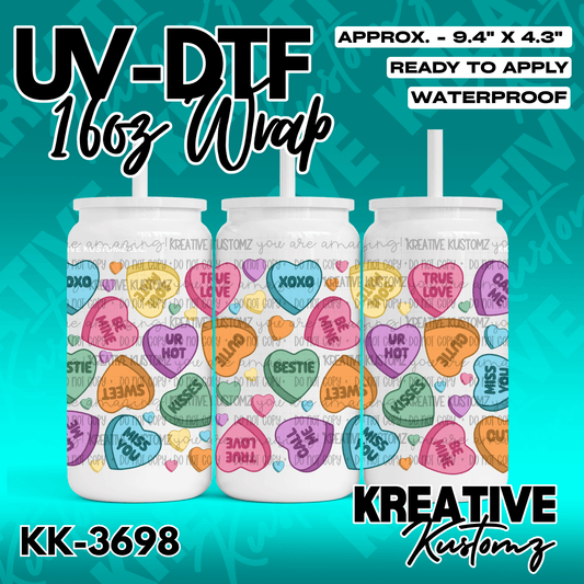 A UV DTF cup wrap featuring a pattern of colorful conversation hearts on a 16oz glass can.
