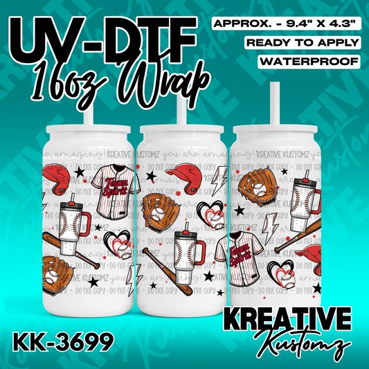 A baseball themed UV DTF wrap for a 16oz glass cup featuring bats, balls, and jerseys.