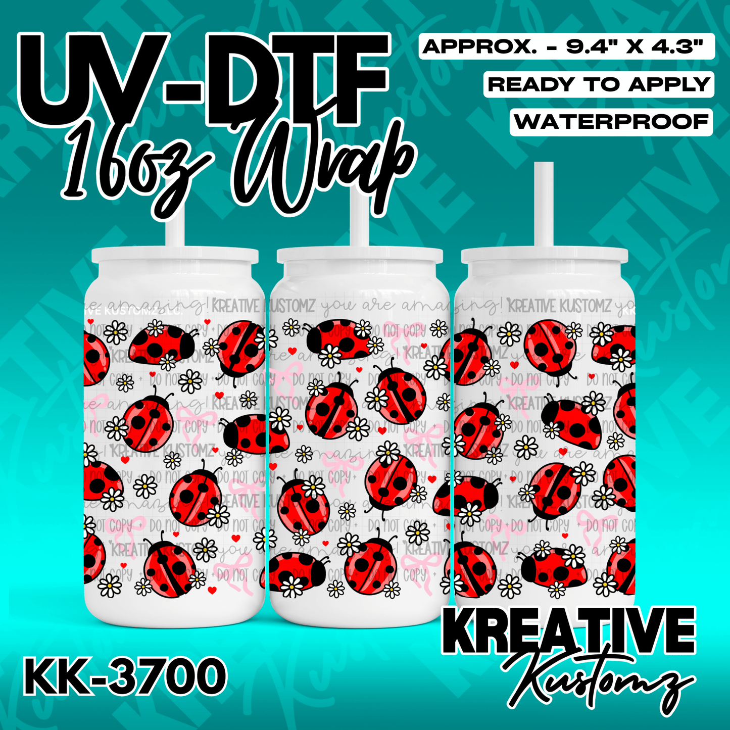 A UV DTF adhesive wrap for a 16oz glass cup featuring a pattern of ladybugs and white daisies.