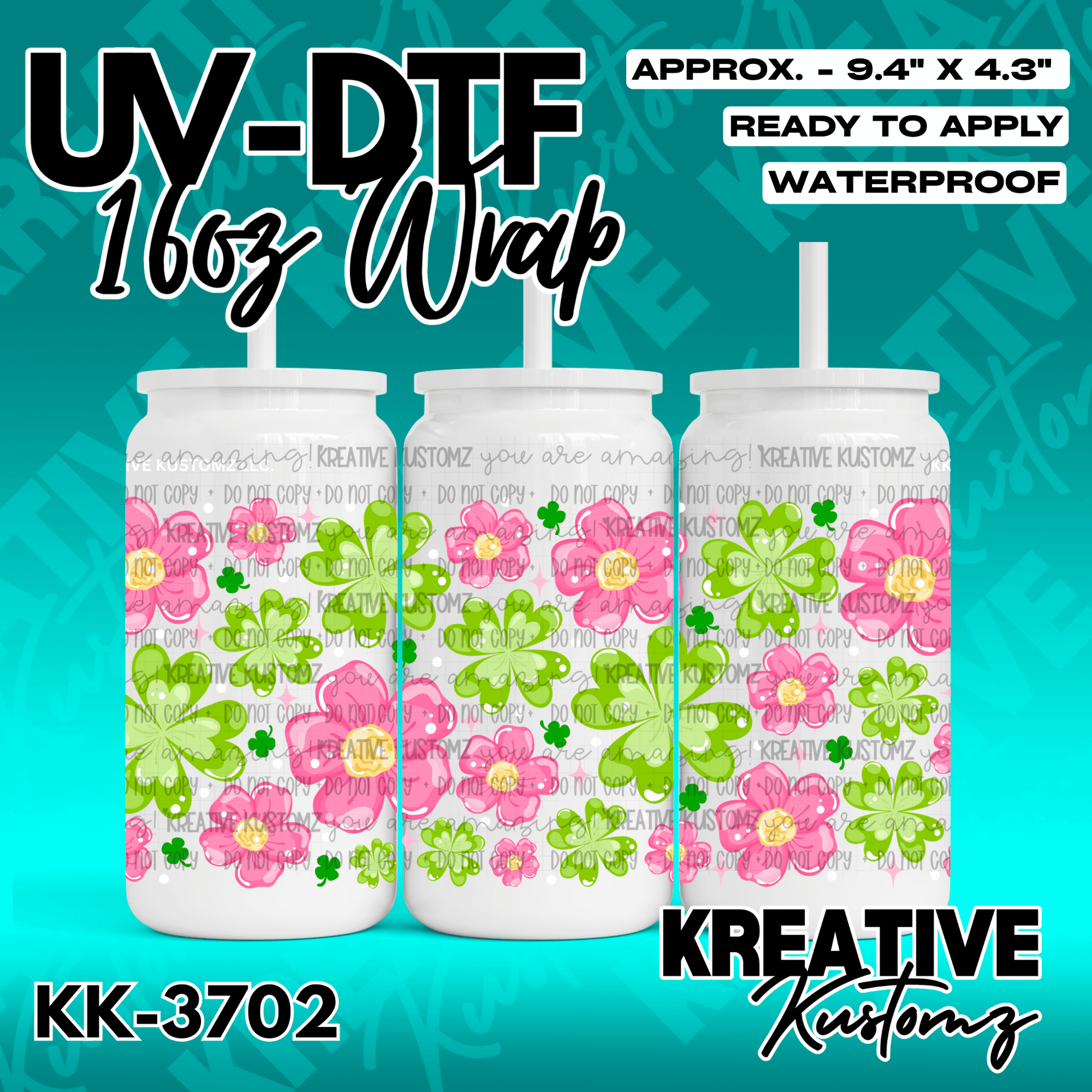A UV DTF adhesive wrap for 16oz glass cans featuring a pattern of pink flowers and green clovers.