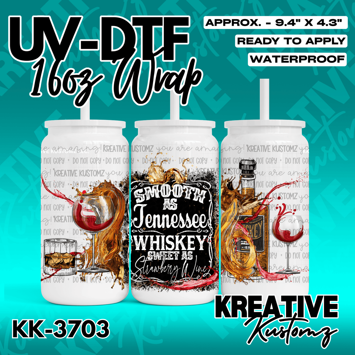A UV DTF adhesive wrap for 16oz glass cans featuring a Tennessee whiskey and strawberry wine theme.