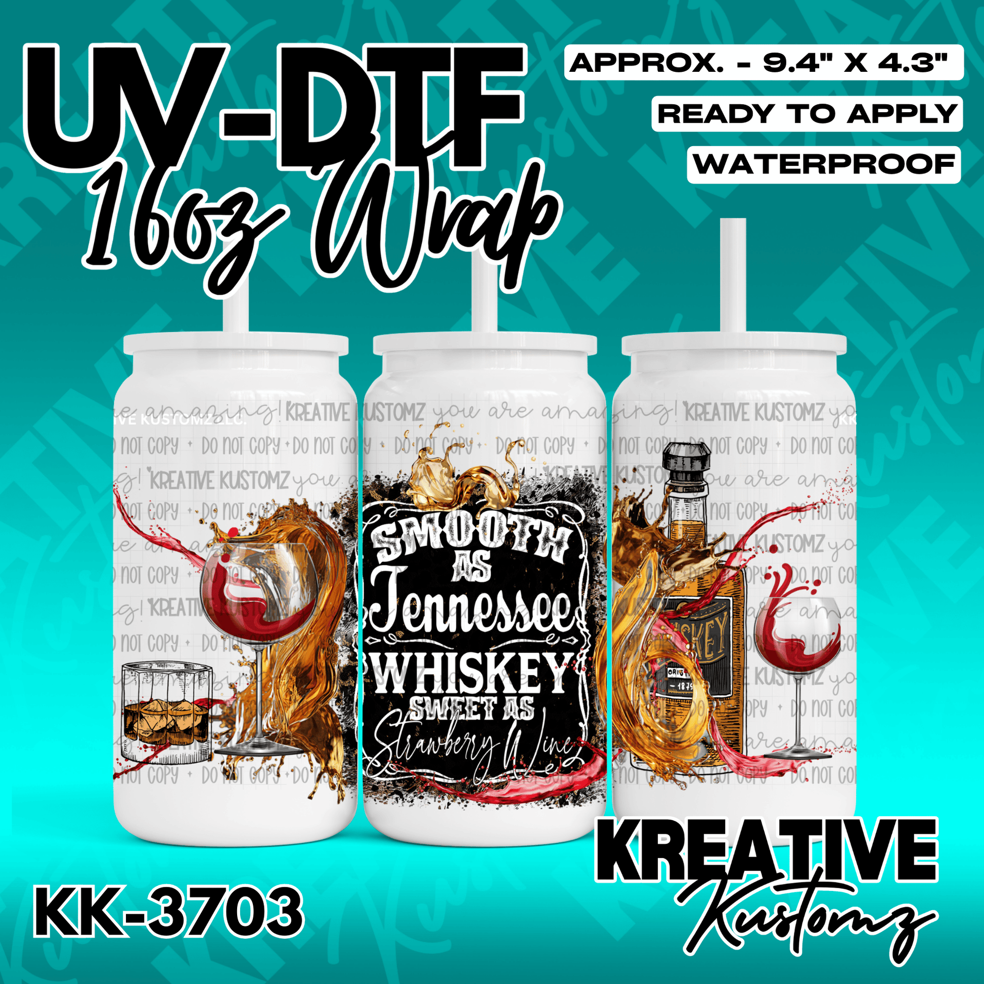 A UV DTF adhesive wrap for 16oz glass cans featuring a Tennessee whiskey and strawberry wine theme.