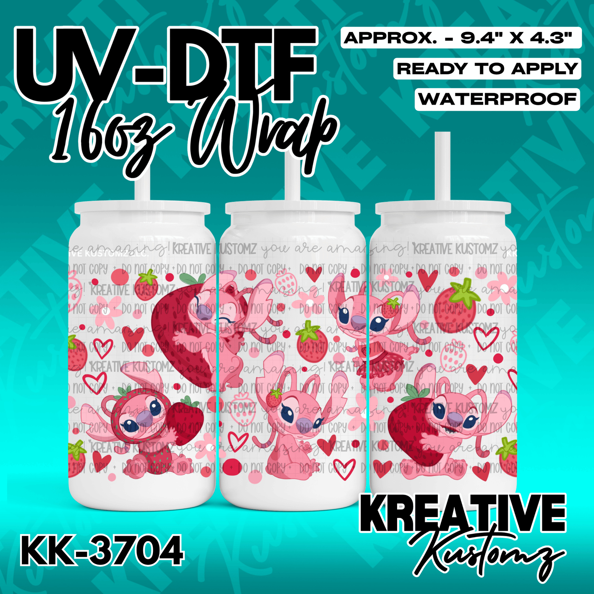 A UV DTF cup wrap featuring a pink Stitch character pattern with strawberries and hearts.