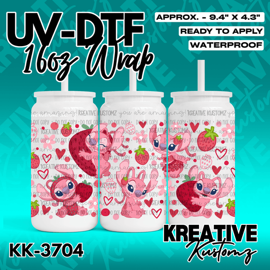 A UV DTF cup wrap featuring a pink Stitch character pattern with strawberries and hearts.