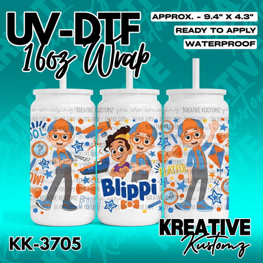 A Blippi themed UV DTF adhesive wrap for a 16oz glass can featuring cartoon characters.