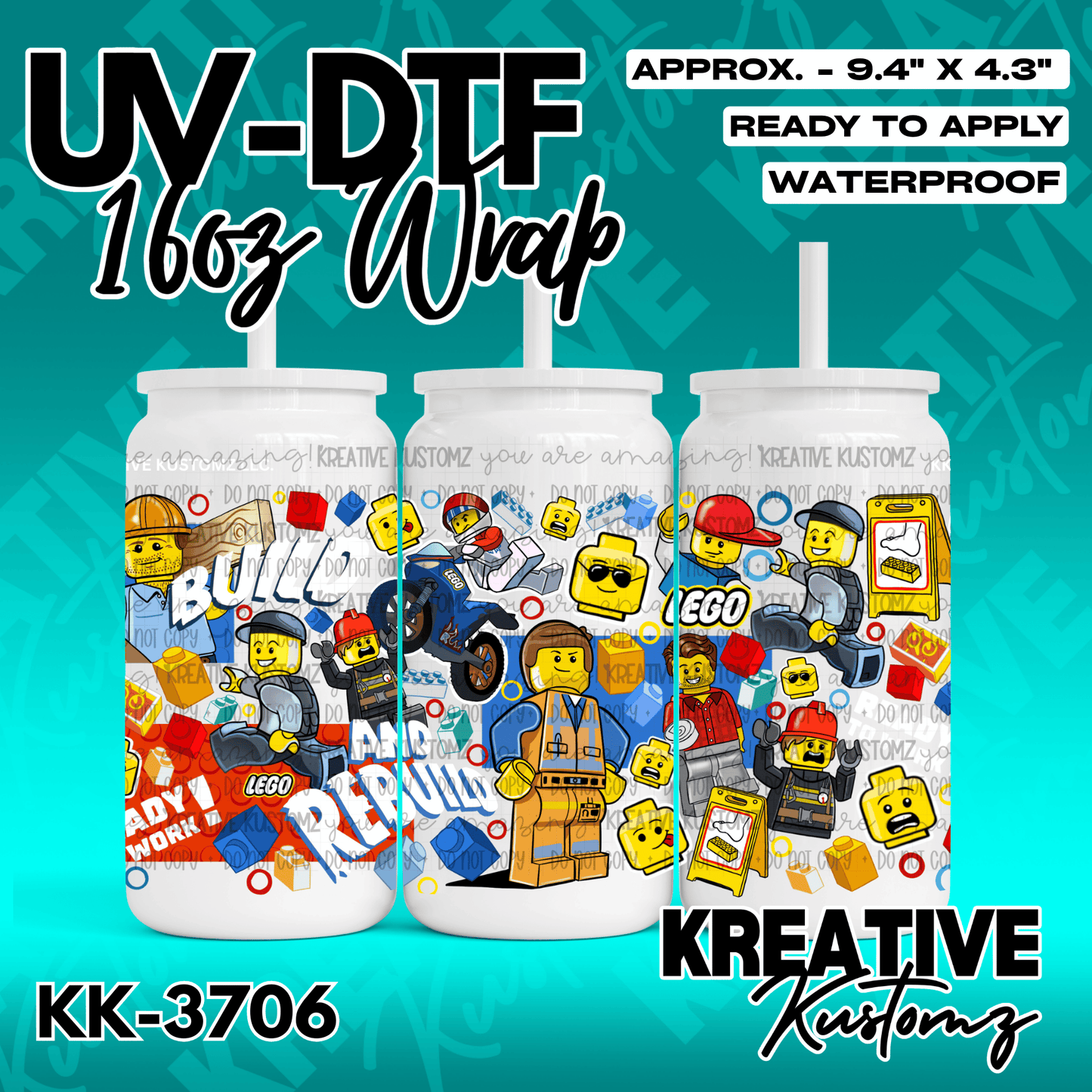 A UV DTF adhesive cup wrap featuring a colorful Lego-themed design for 16oz glass cans.