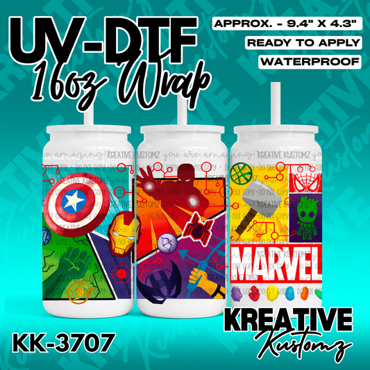 A Marvel themed UV DTF adhesive wrap for a 16oz glass can featuring various superhero icons.