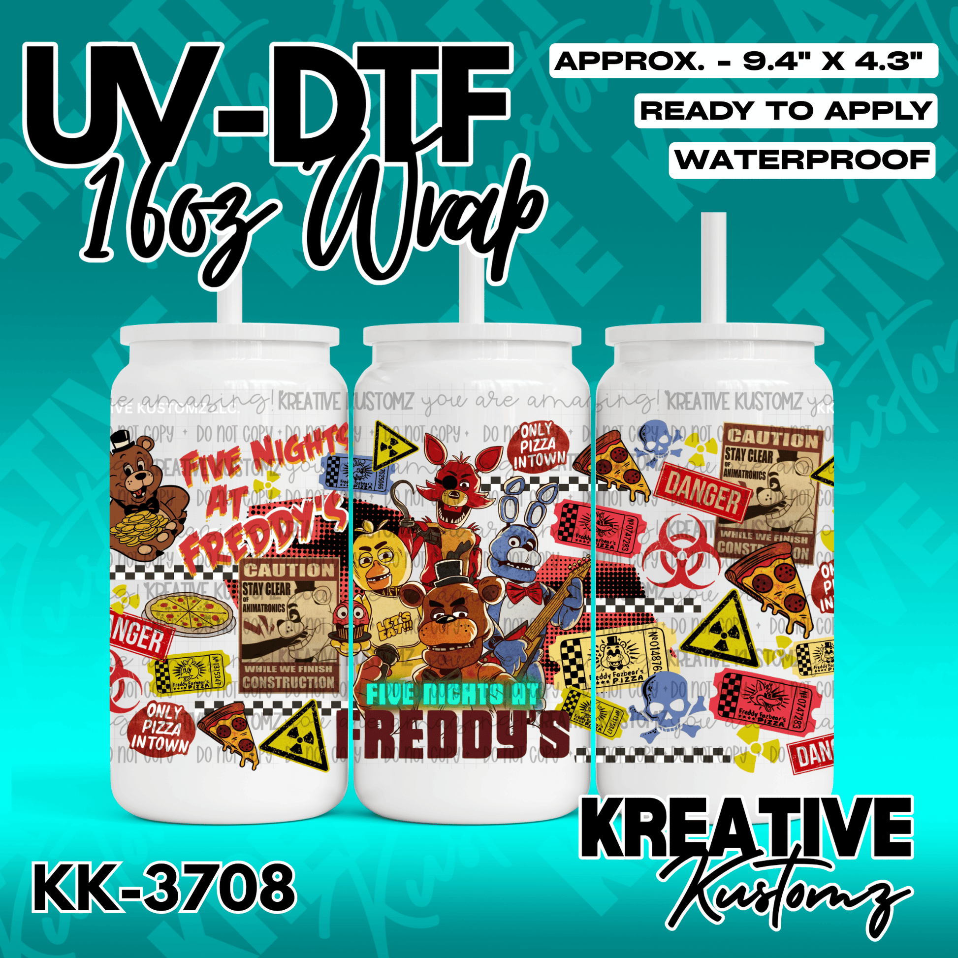 A Five Nights at Freddy's themed UV DTF adhesive wrap for a 16oz glass can.