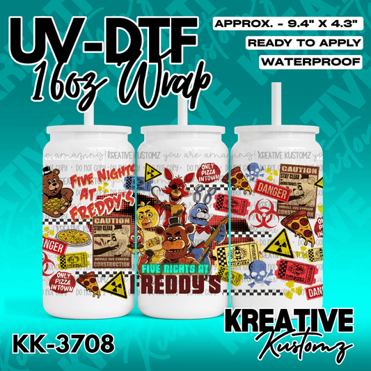 A Five Nights at Freddy's themed UV DTF adhesive wrap for a 16oz glass can.