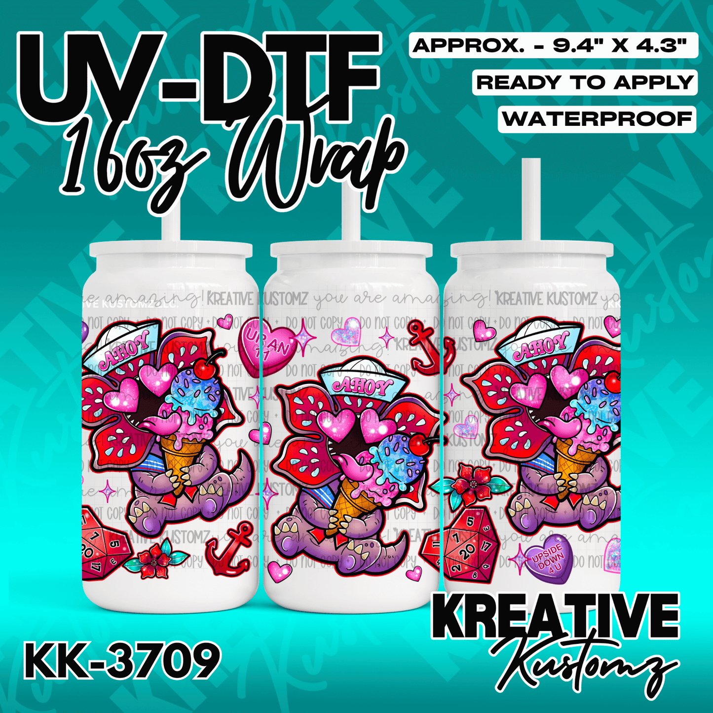 A UV DTF adhesive wrap for a 16oz glass can featuring a Demogorgon eating ice cream.