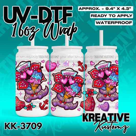 A UV DTF adhesive wrap for a 16oz glass can featuring a Demogorgon eating ice cream.
