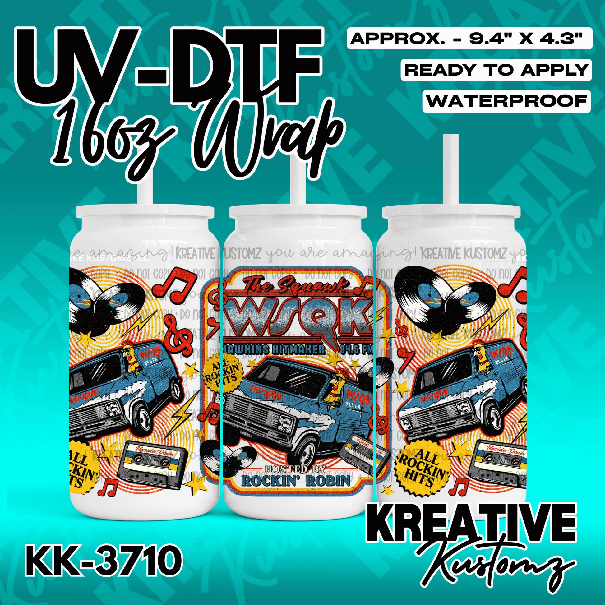A UV DTF cup wrap featuring a retro radio station theme with a van, cassette tapes, and records.