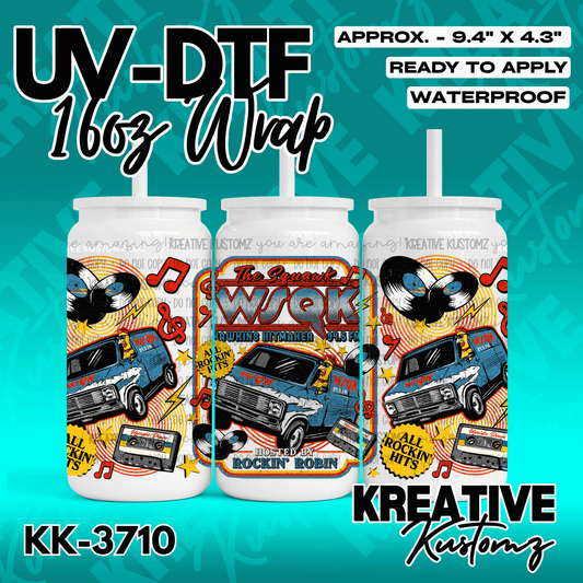 A UV DTF cup wrap featuring a retro radio station theme with a van, cassette tapes, and records.