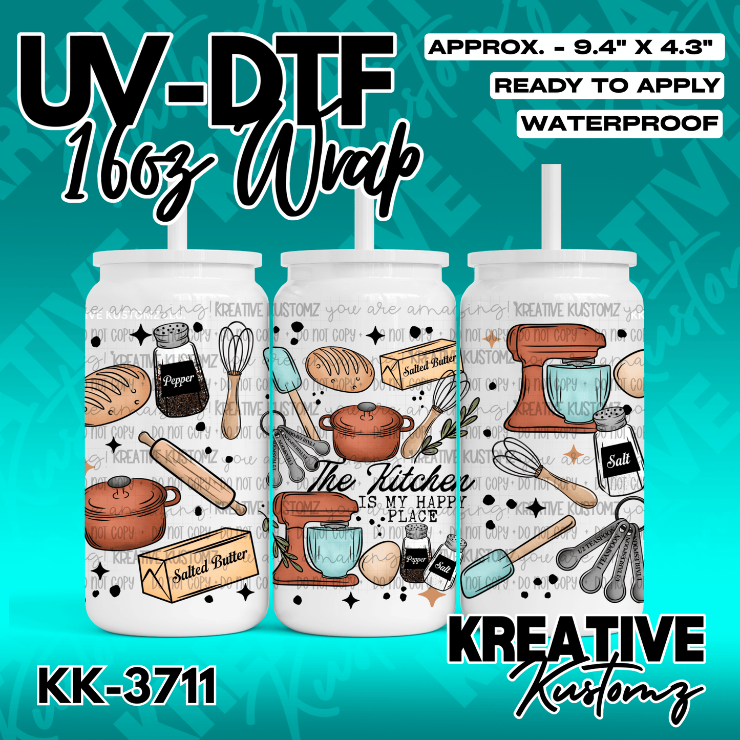 A kitchen-themed UV DTF adhesive wrap for a 16oz glass can featuring baking and cooking icons.