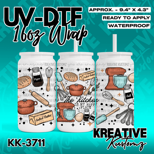 A kitchen-themed UV DTF adhesive wrap for a 16oz glass can featuring baking and cooking icons.