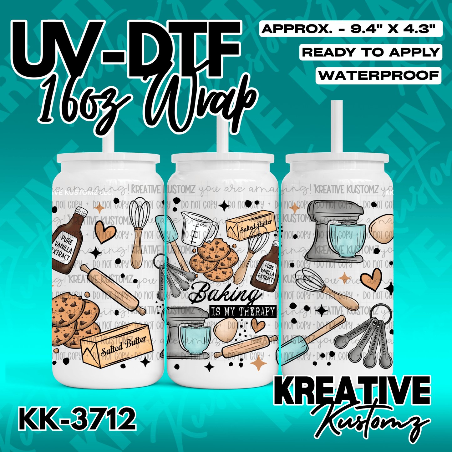 A baking themed UV DTF adhesive wrap for a 16oz glass cup featuring illustrations of kitchen tools.