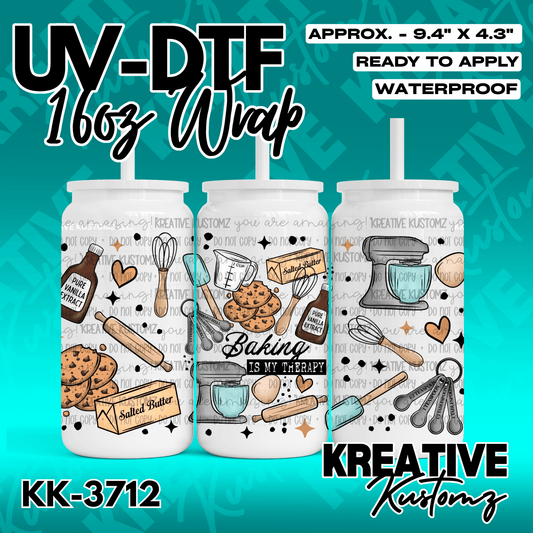 A baking themed UV DTF adhesive wrap for a 16oz glass cup featuring illustrations of kitchen tools.