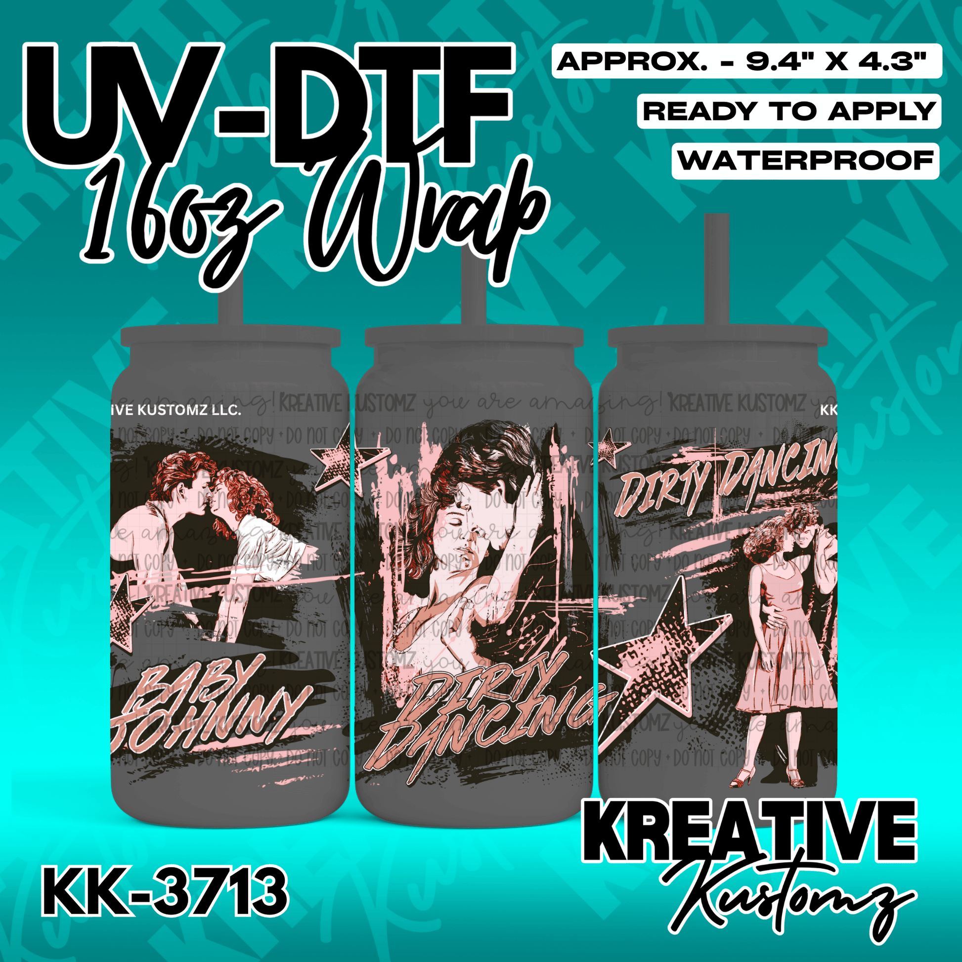 A Dirty Dancing themed adhesive wrap for a 16oz glass can featuring scenes from the movie.
