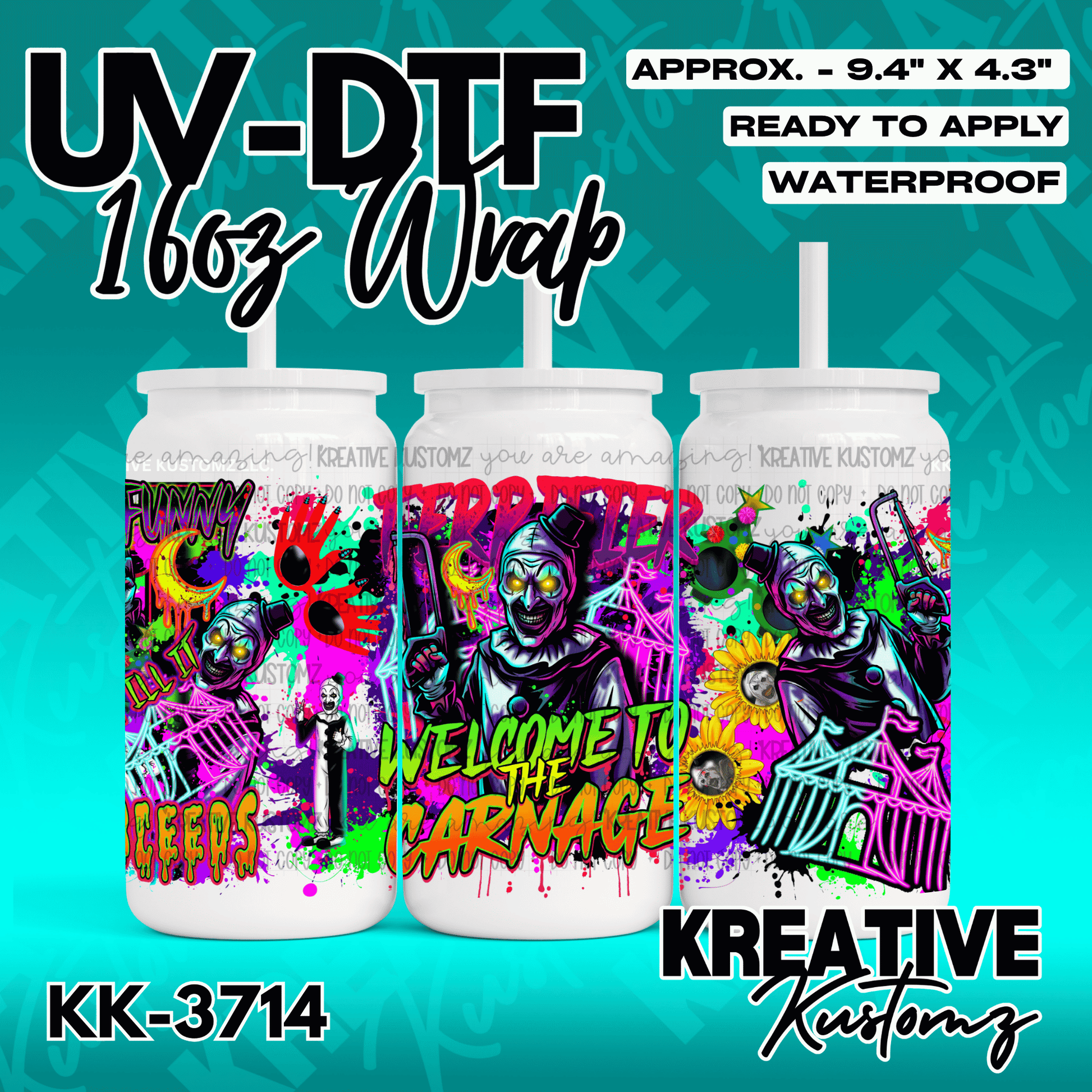 A UV DTF cup wrap featuring Art the Clown from Terrifier with neon carnival graphics.
