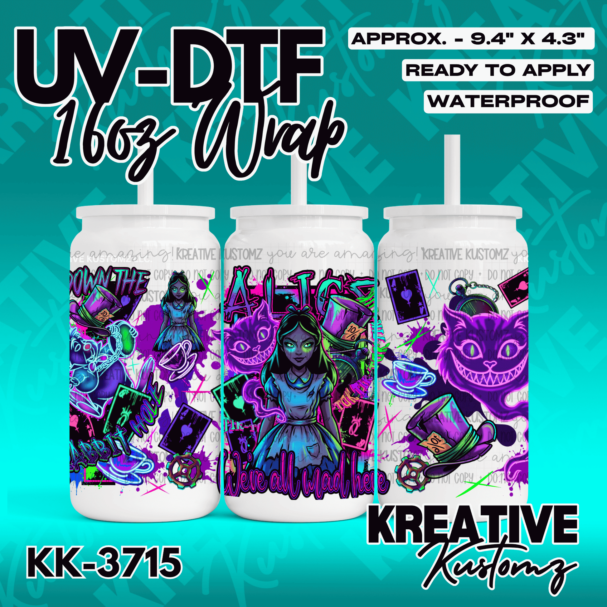 An Alice in Wonderland themed UV DTF adhesive wrap for a 16oz glass can.