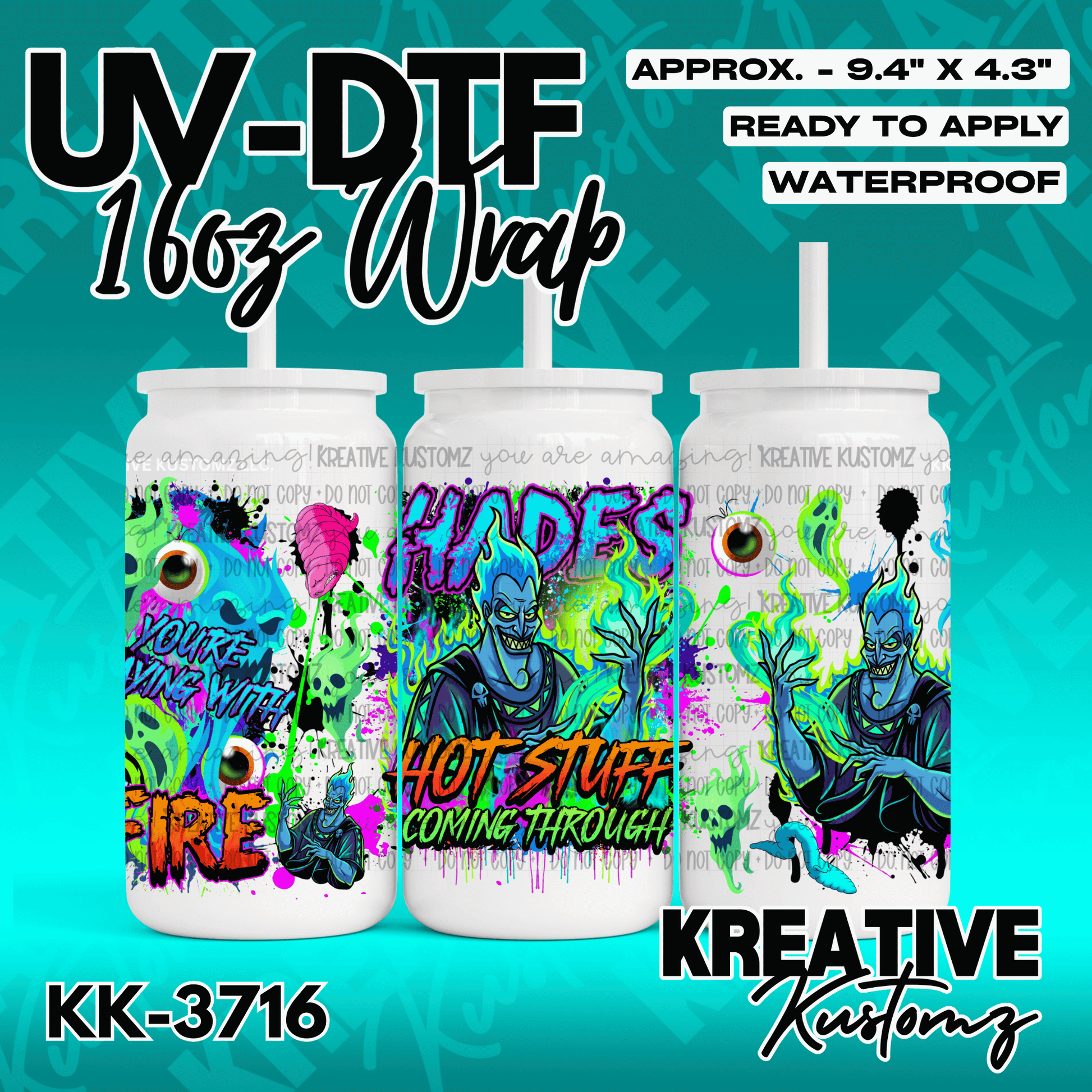 A Hades themed UV DTF adhesive wrap for a 16oz glass can featuring vibrant flames and graffiti.