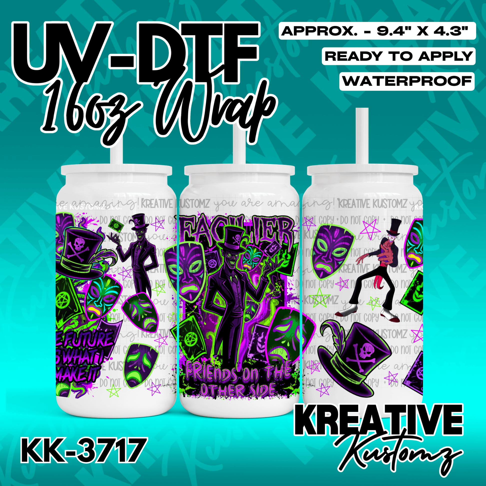 A UV DTF adhesive wrap for a 16oz glass can featuring a purple and green Dr. Facilier design.