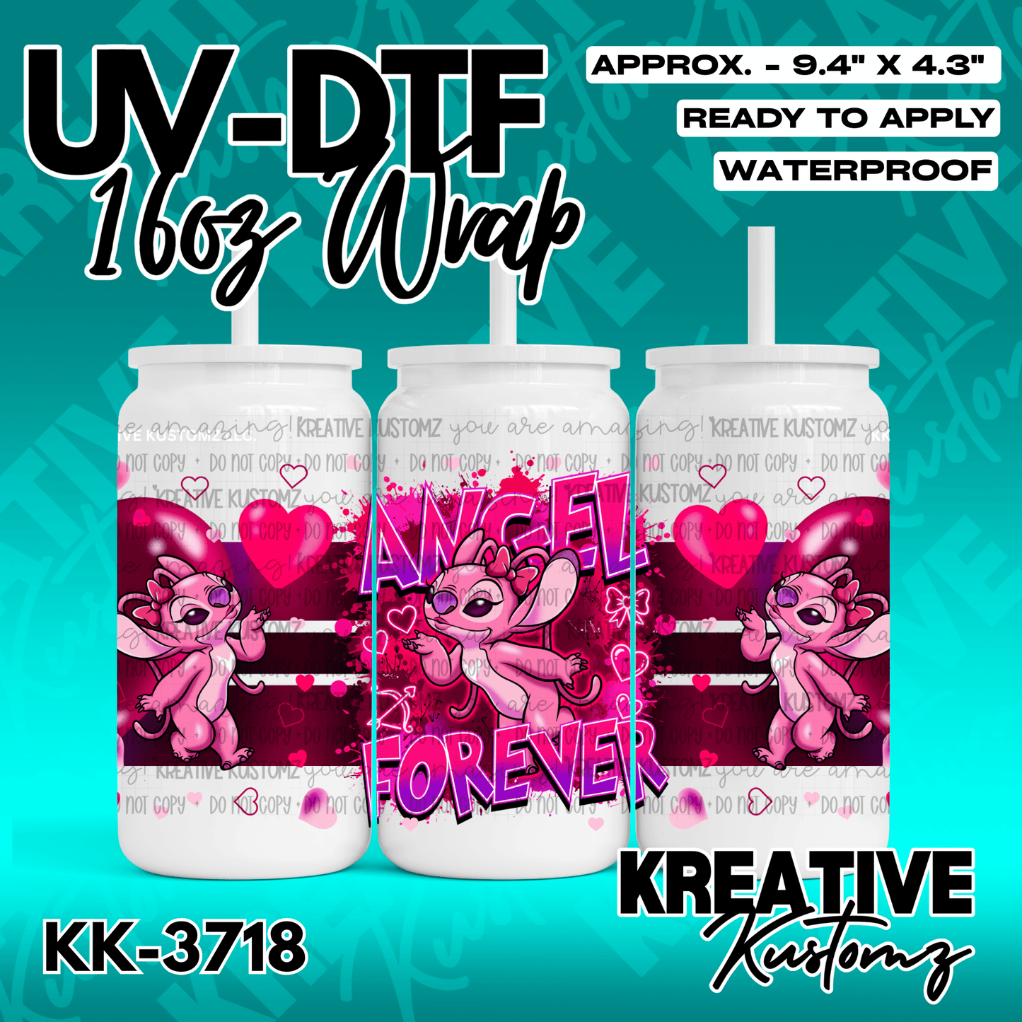 A UV DTF adhesive wrap for 16oz glass cans featuring a pink Angel character and heart designs.