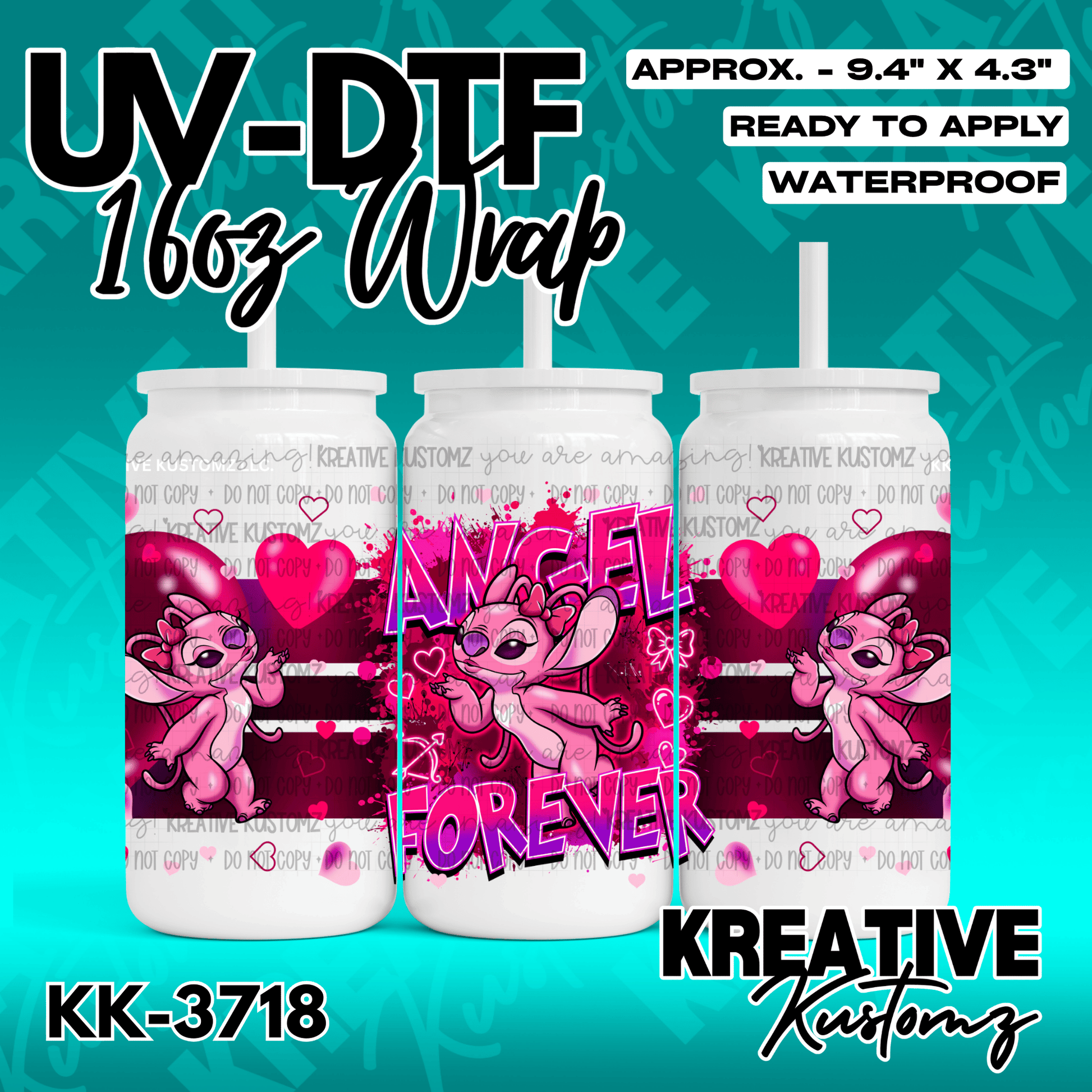 A UV DTF adhesive wrap for 16oz glass cans featuring a pink Angel character and heart designs.