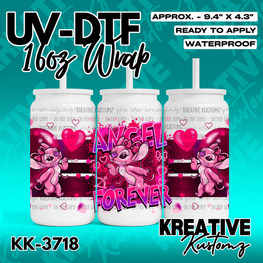 A UV DTF adhesive wrap for 16oz glass cans featuring a pink Angel character and heart designs.