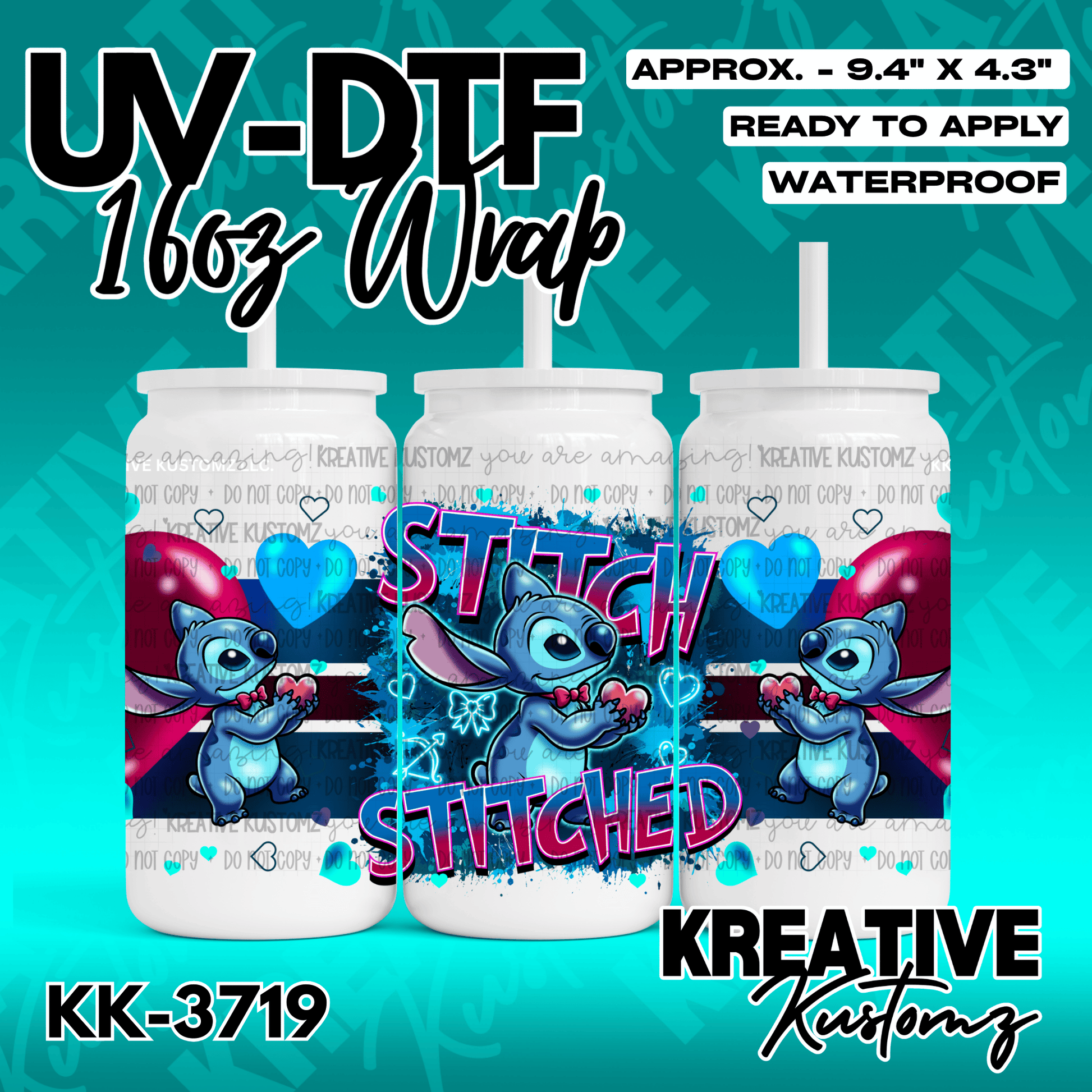 A Stitch themed adhesive wrap for a 16oz glass cup featuring blue hearts and text.