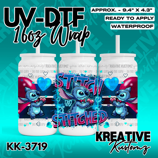 A Stitch themed adhesive wrap for a 16oz glass cup featuring blue hearts and text.
