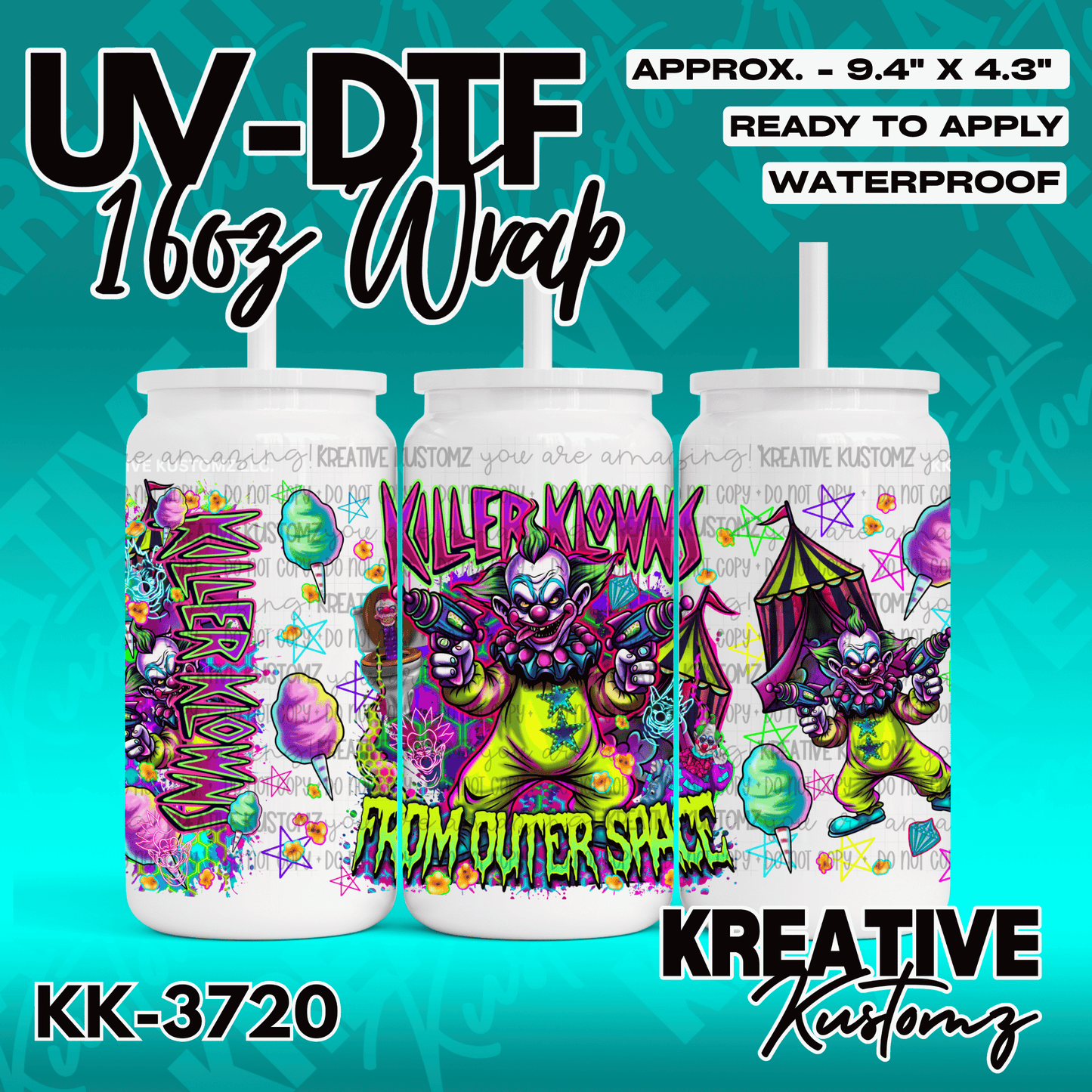 A UV DTF adhesive wrap featuring Killer Klowns from Outer Space graphics for a 16oz glass can.