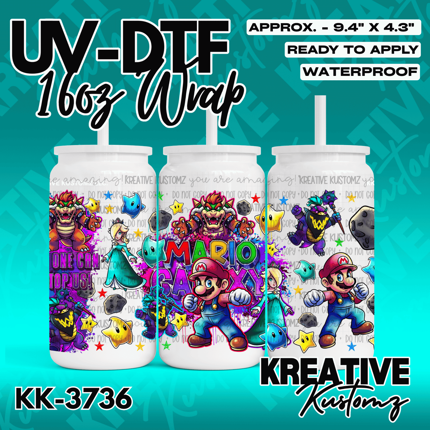 A Mario Galaxy themed UV DTF adhesive wrap for a 16oz glass can.