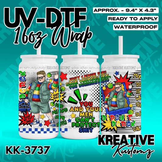 A UV DTF adhesive wrap for a 16oz glass can featuring a cartoon character and comic book graphics.