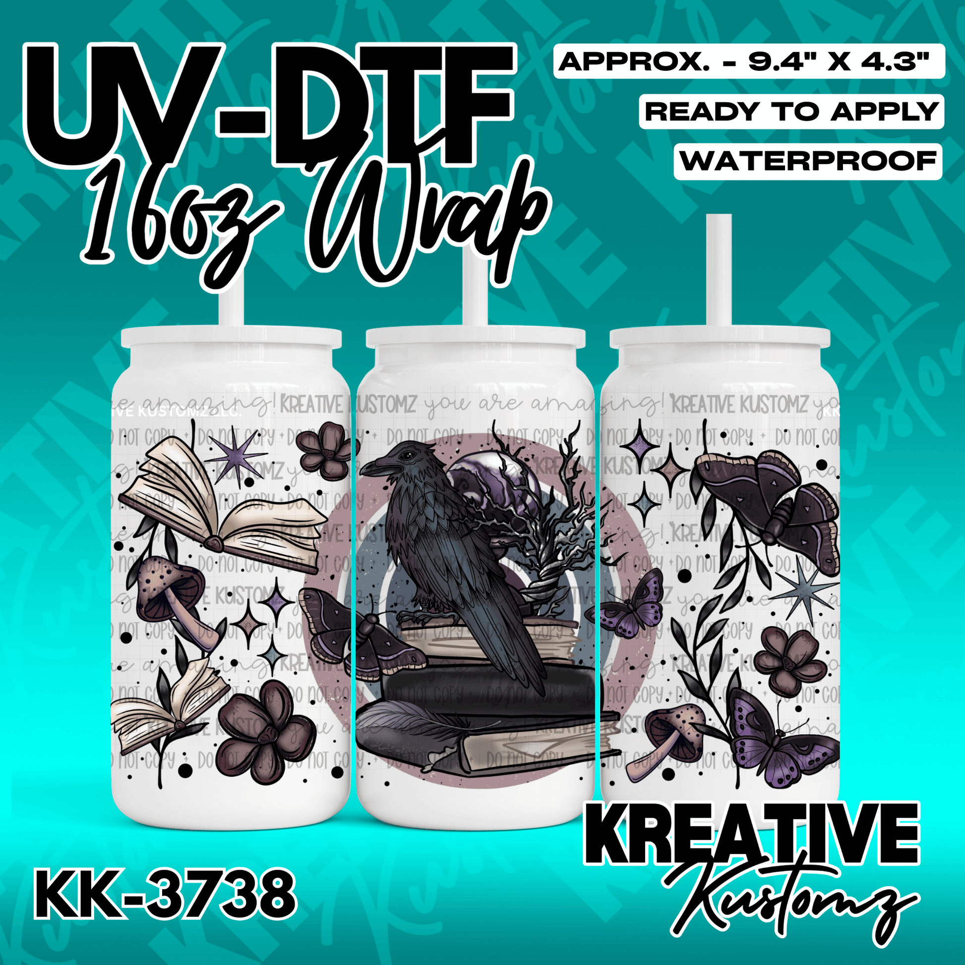 A UV DTF cup wrap featuring a raven, books, moths, and mushrooms on a white background.